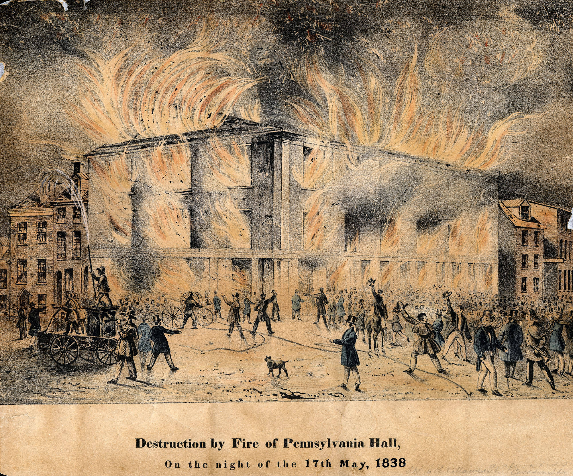 Constructed from 1837 to 1838 as a meeting place for local abolitionist groups, Pennsylvania Hall in Philadelphia was set on fire and destroyed by an anti-abolitionist mob just three days after dedication ceremonies on May 14, 1838. 