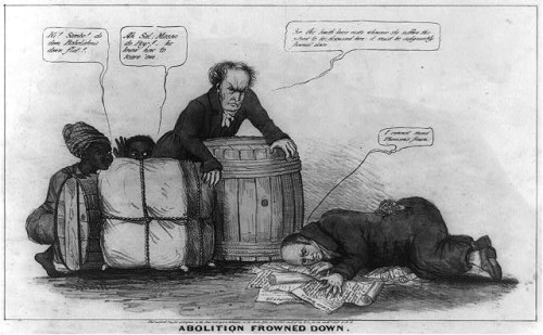 This political cartoon satirizes the enforcement of the "gag-rule" in the House of Representatives, which prohibited discussion of the question of slavery during much of the antebellum era. In the 1830s, growing antislavery sentiments of northern representatives clashed with resentful southern congressmen who saw the discussion of slavery as meddlesome and insulting to their constituencies. This print may relate to John Quincy Adams's opposition to passage of the resolution in 1838, or (more likely) to his continued frustration in attempting to force the slavery issue to debate through the presentation of northern constituents' petitions in 1839. In December 1839 a new "gag rule" was passed by the House forbidding debate, reading, printing of, or even reference to any petition on the subject of abolition.