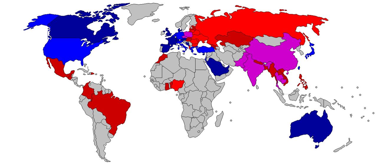 Human trafficking: Countries of origin are shown in red, destination countries are shown in blue; Data is from the UN, in 2006